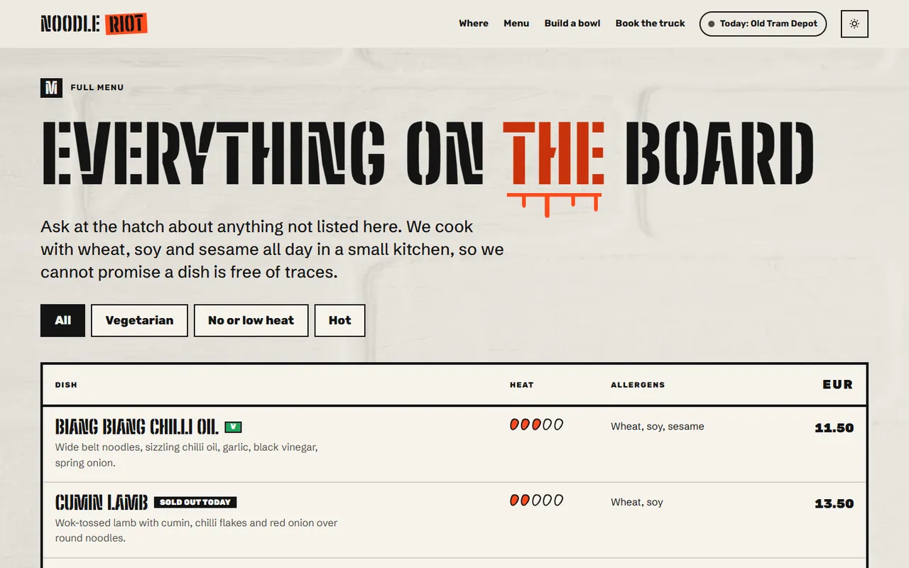 Noodle Riot: menu page