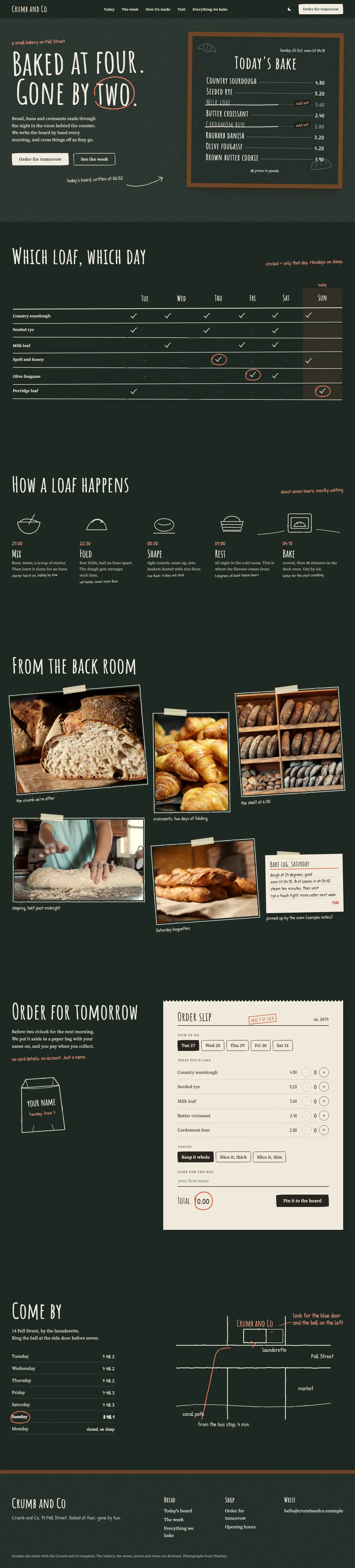 Crumb and Co home page, dark theme, at 1440 pixels wide