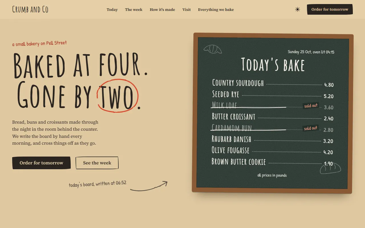Crumb and Co home page, light theme