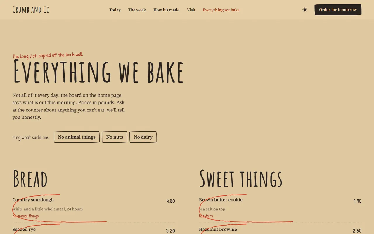 Crumb and Co: menu page