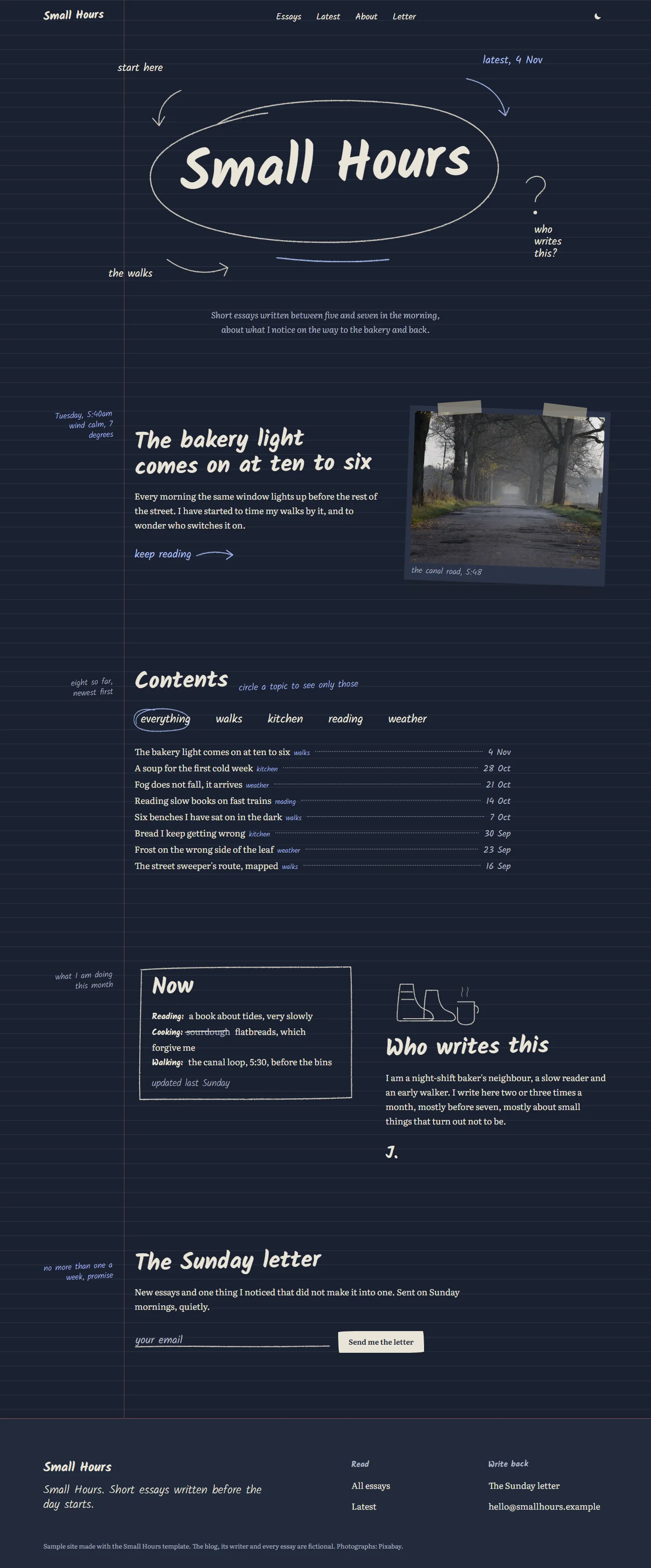 Small Hours home page, dark theme, at 1440 pixels wide