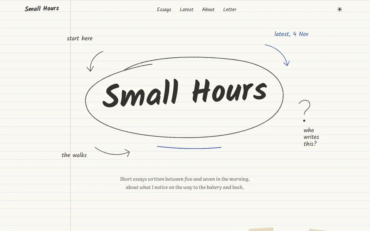 Small Hours home page, light theme