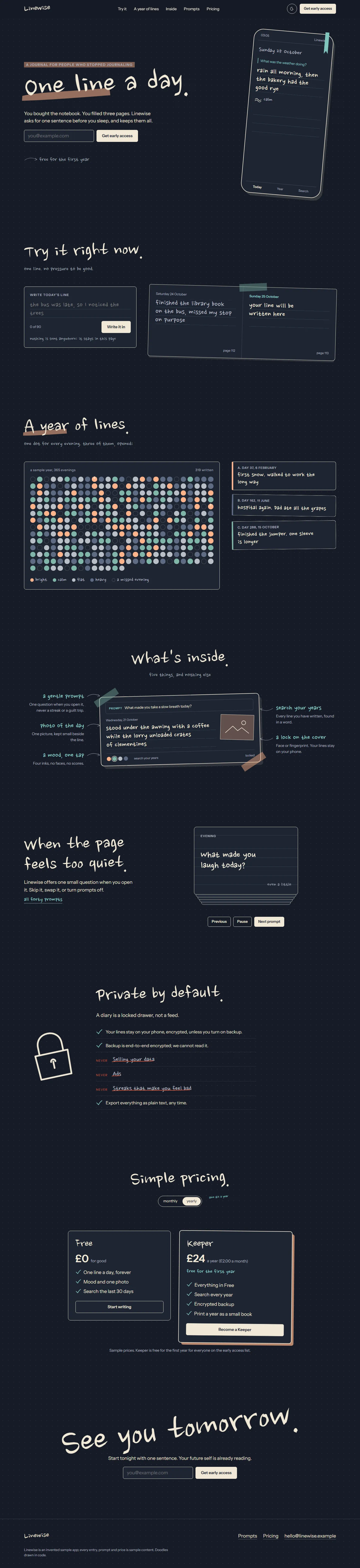 Linewise home page, dark theme, at 1440 pixels wide