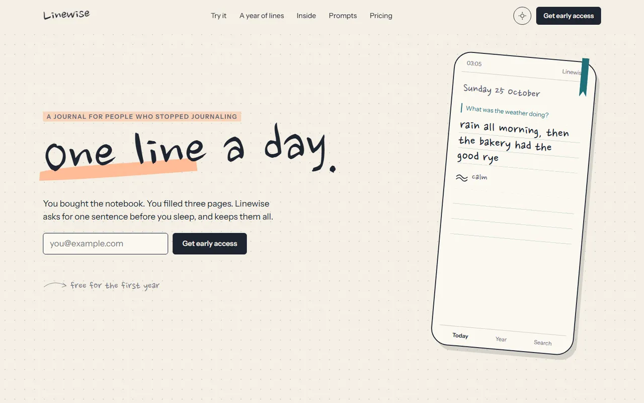 Linewise home page, light theme