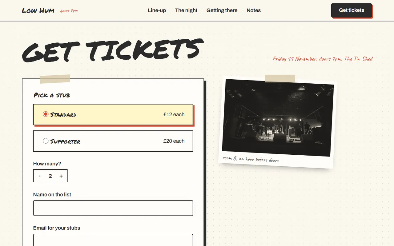Low Hum: tickets page
