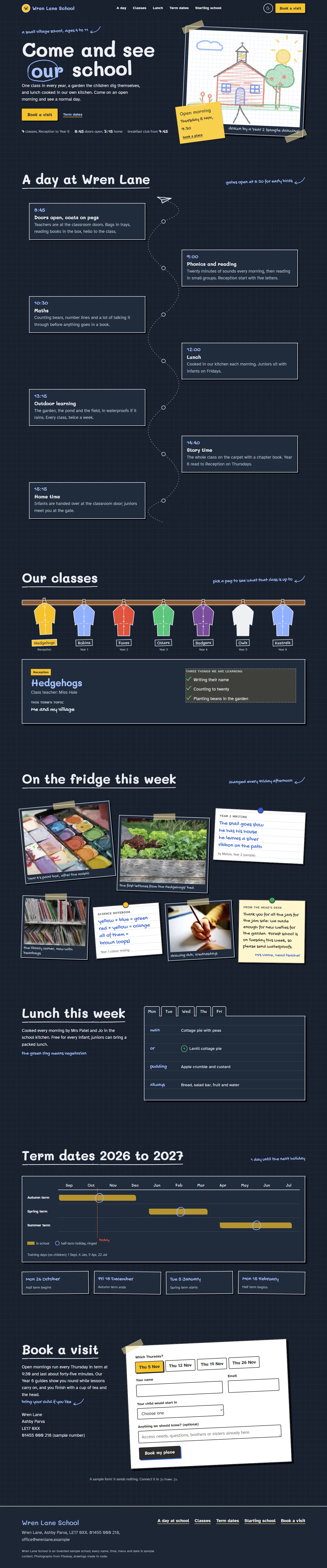Wren Lane School home page, dark theme, at 1440 pixels wide