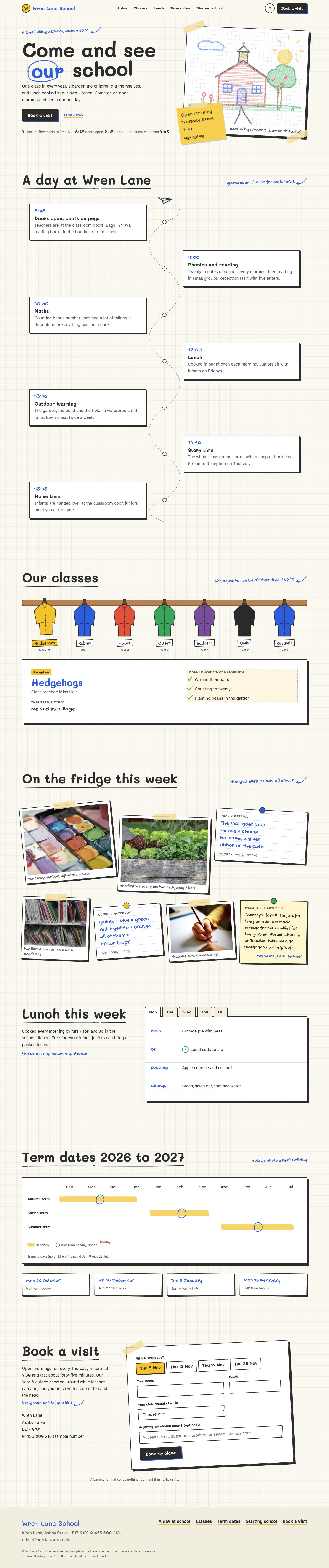 Wren Lane School home page, light theme, at 1440 pixels wide
