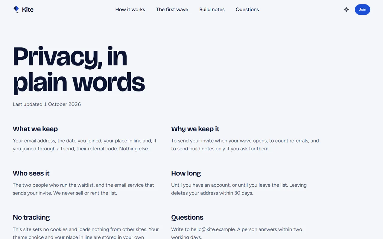 Kite: privacy light page
