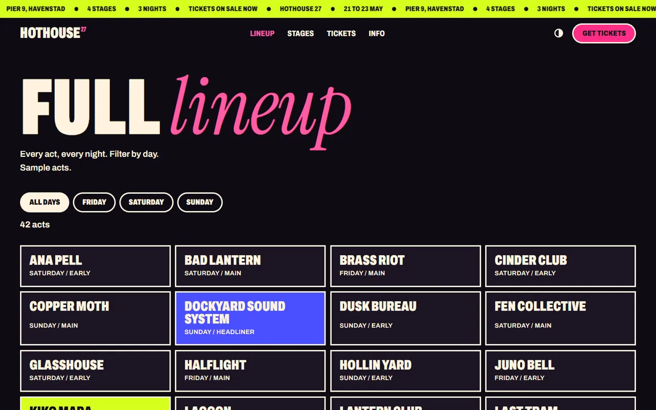 Hothouse: lineup page, dark theme