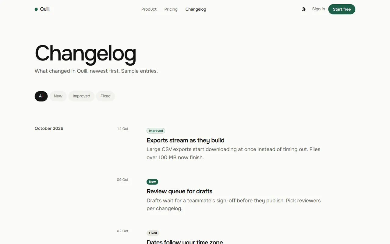 Quiet: changelog page