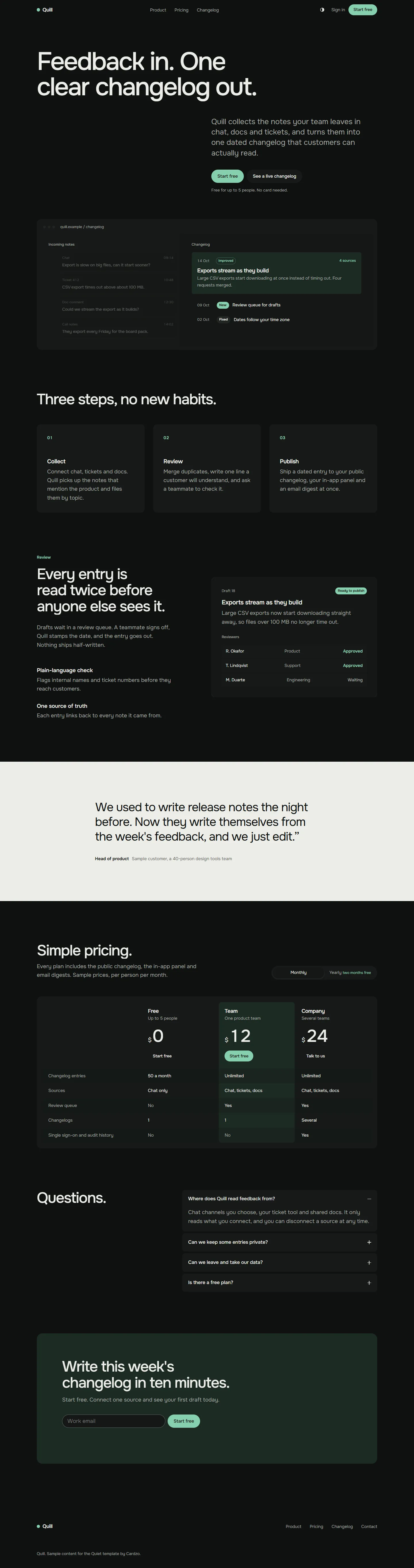 Quiet home page, dark theme, at 1440 pixels wide