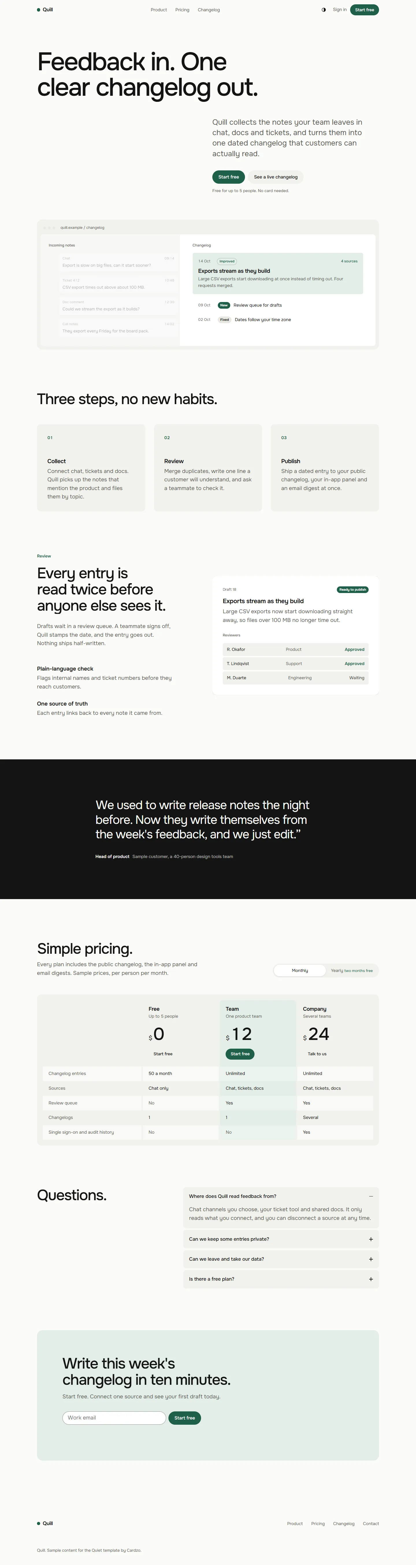 Quiet home page, light theme, at 1440 pixels wide