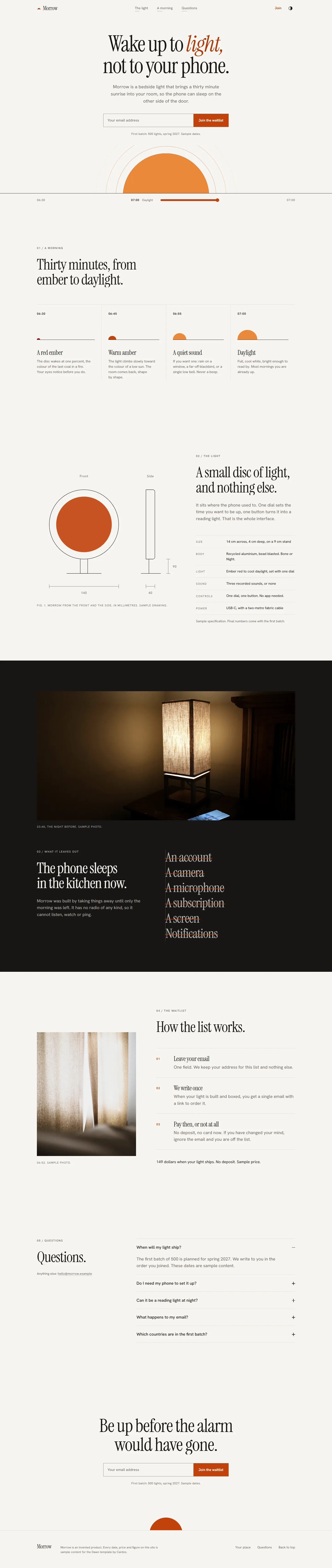 Dawn home page, light theme, at 1440 pixels wide