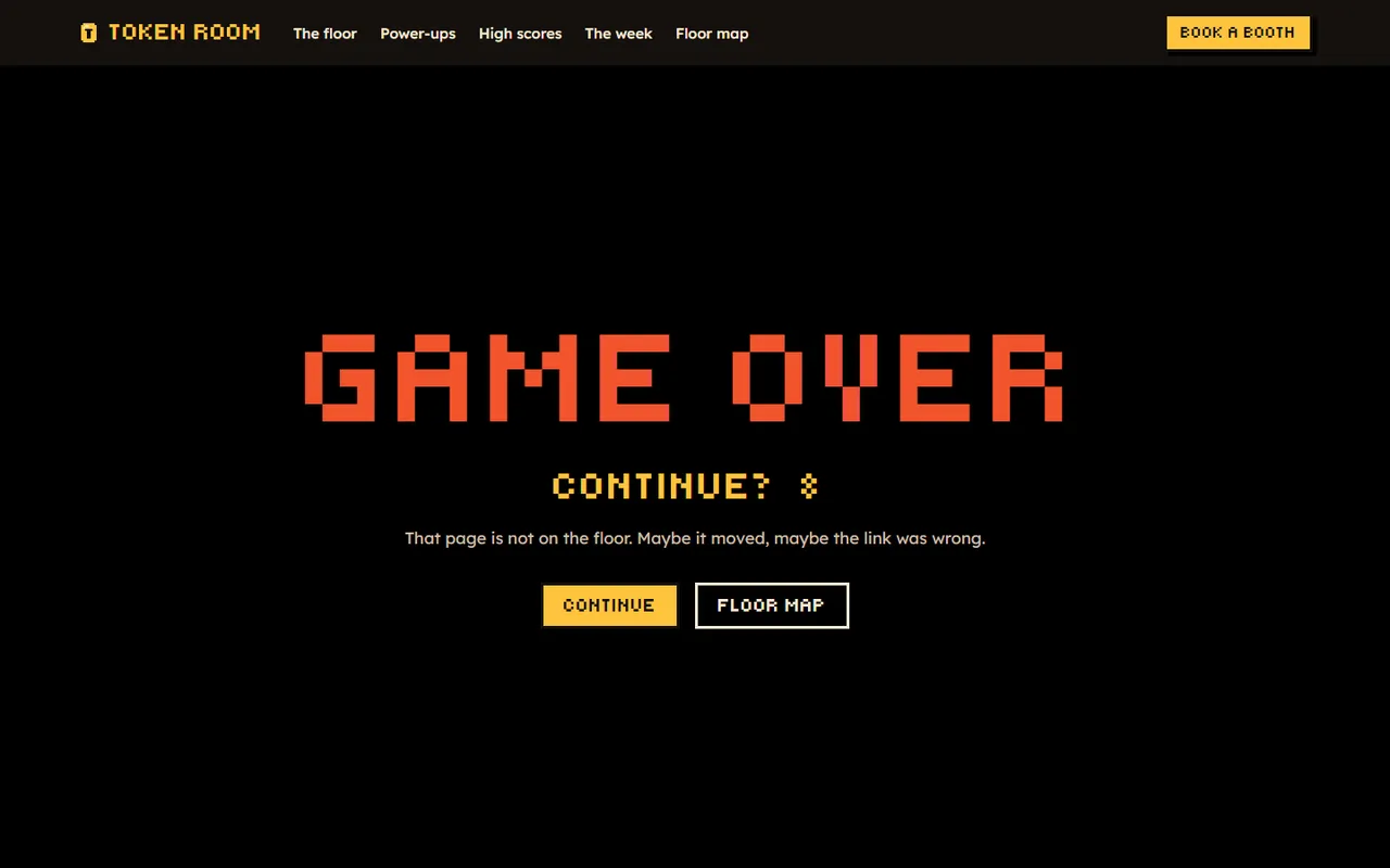 The Token Room: 404 page, dark theme