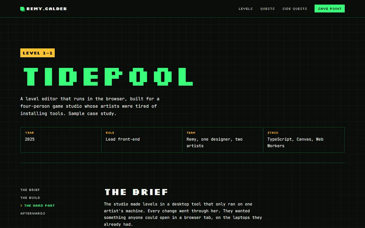 Remy Calder: case study page, dark theme