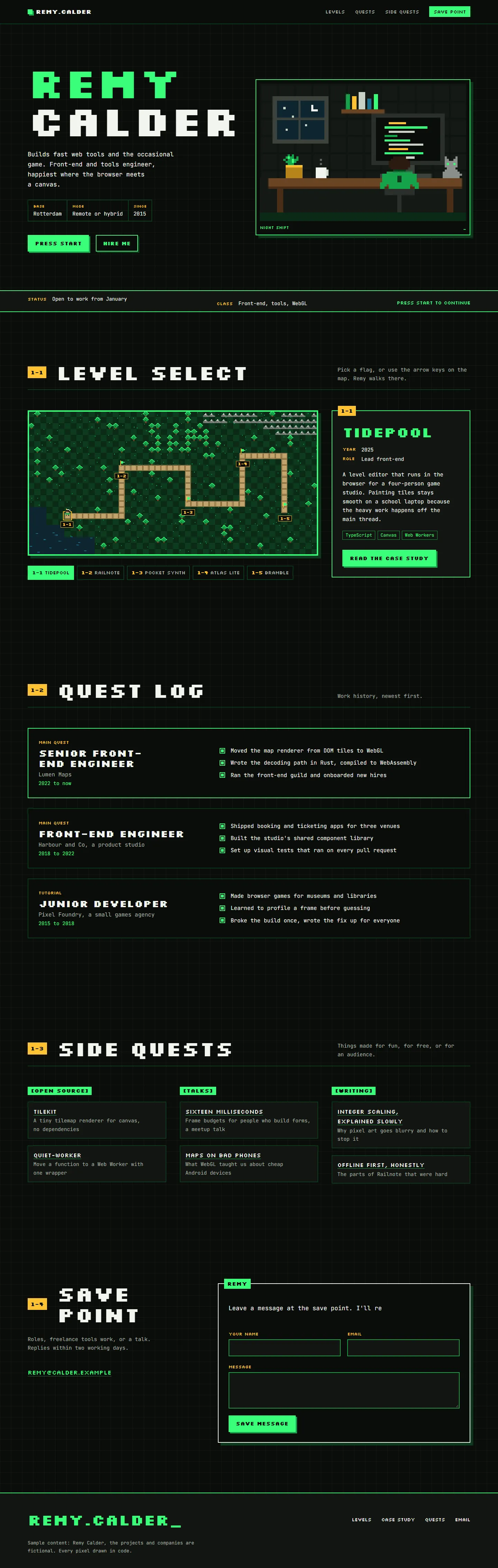 Remy Calder home page, dark theme, at 1440 pixels wide
