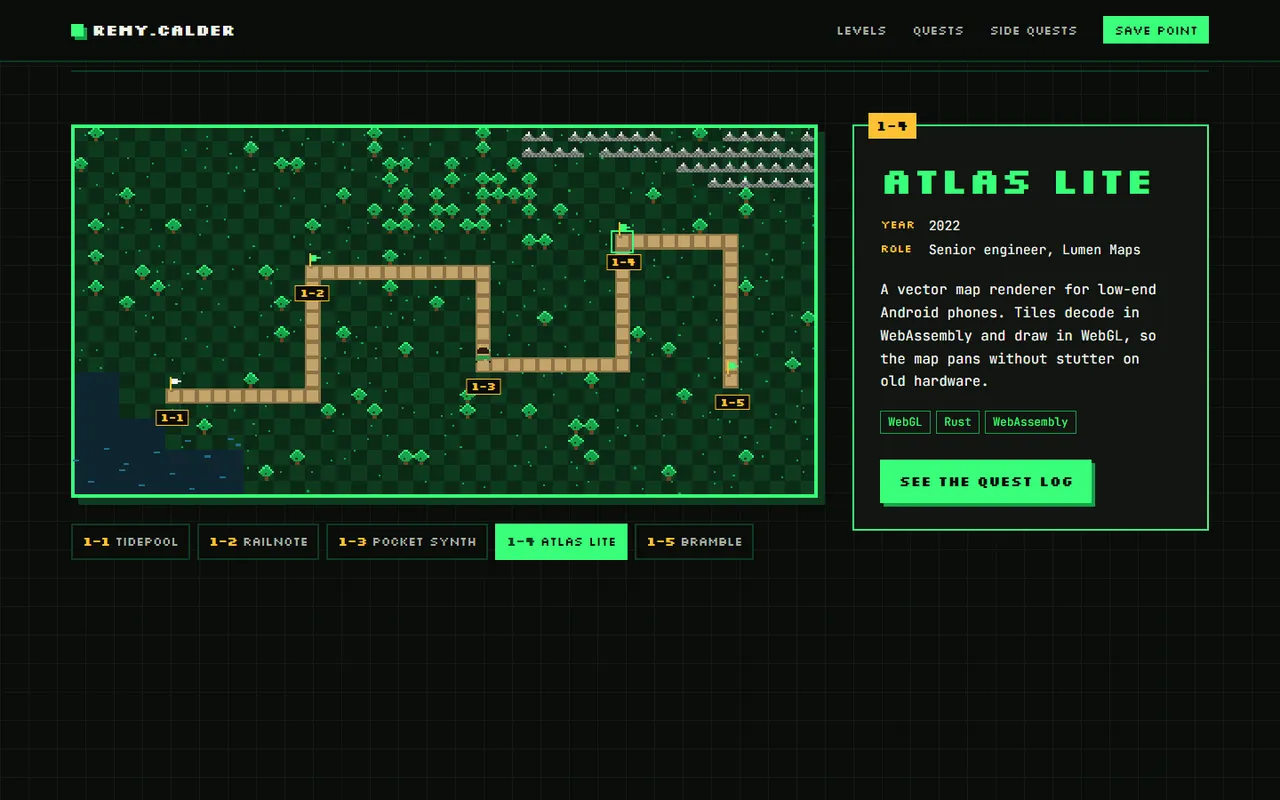 Remy Calder: levels page, dark theme