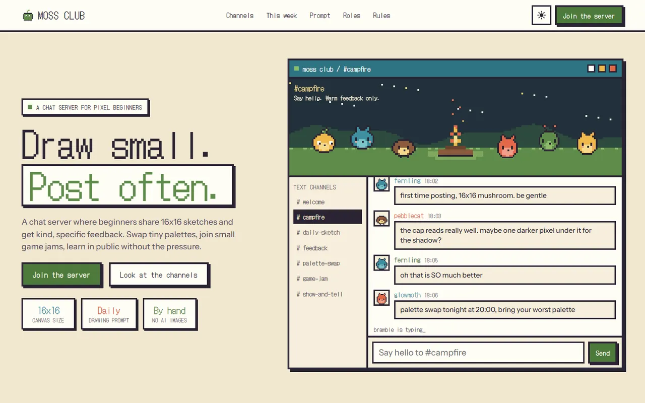 Moss Club home page, light theme