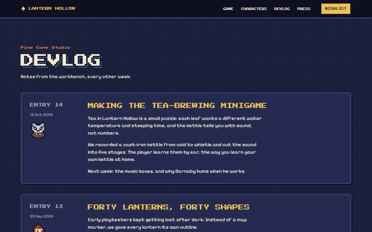 Lantern Hollow: devlog 1440 night page