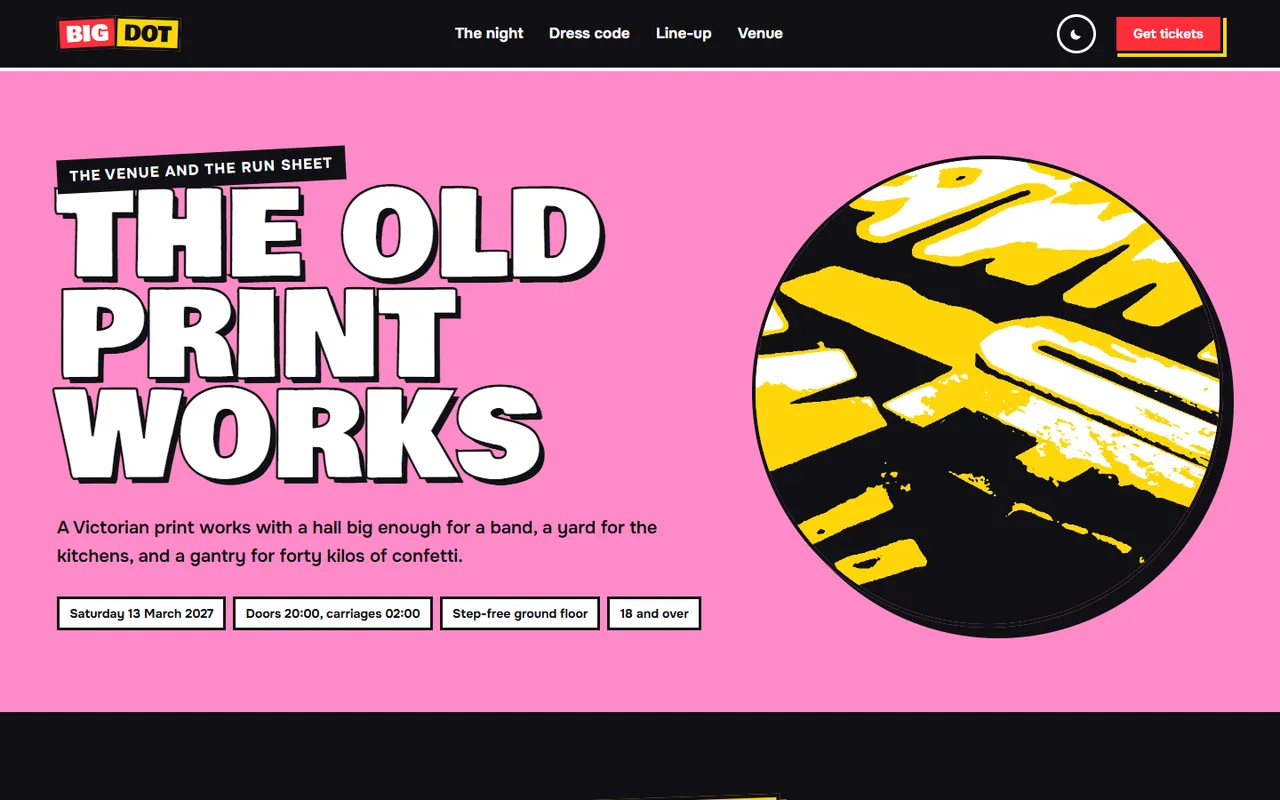 Kapow: venue page, dark theme