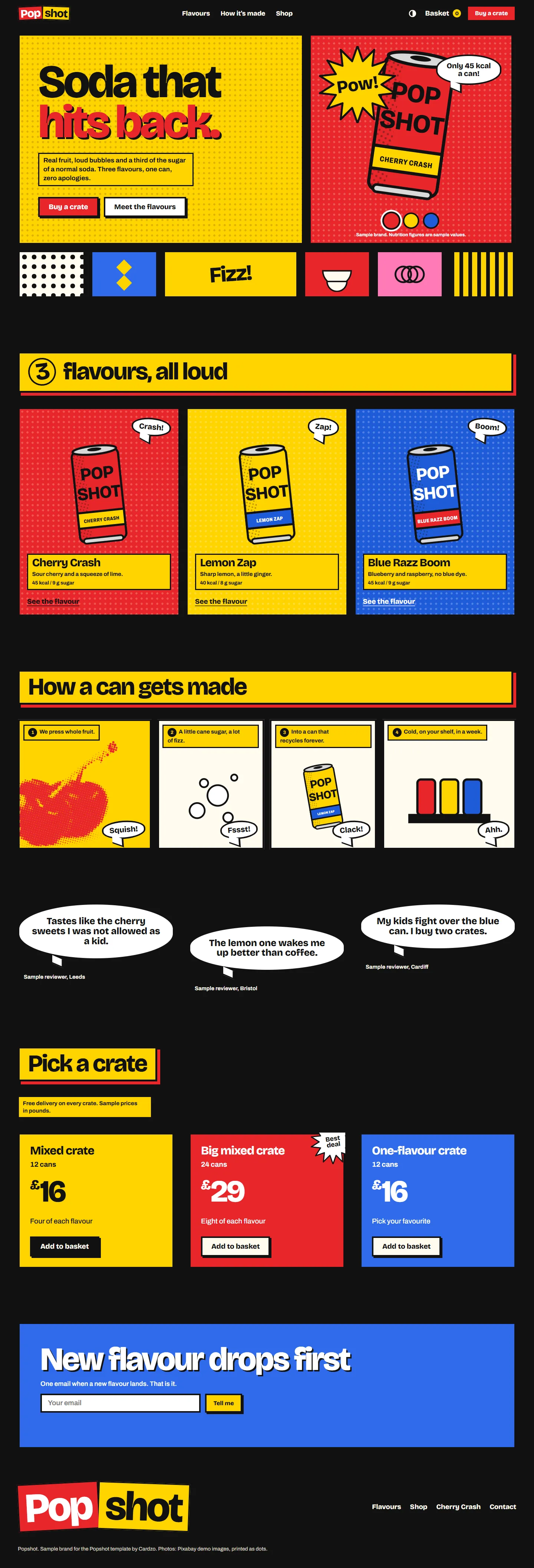 Popshot home page, dark theme, at 1440 pixels wide