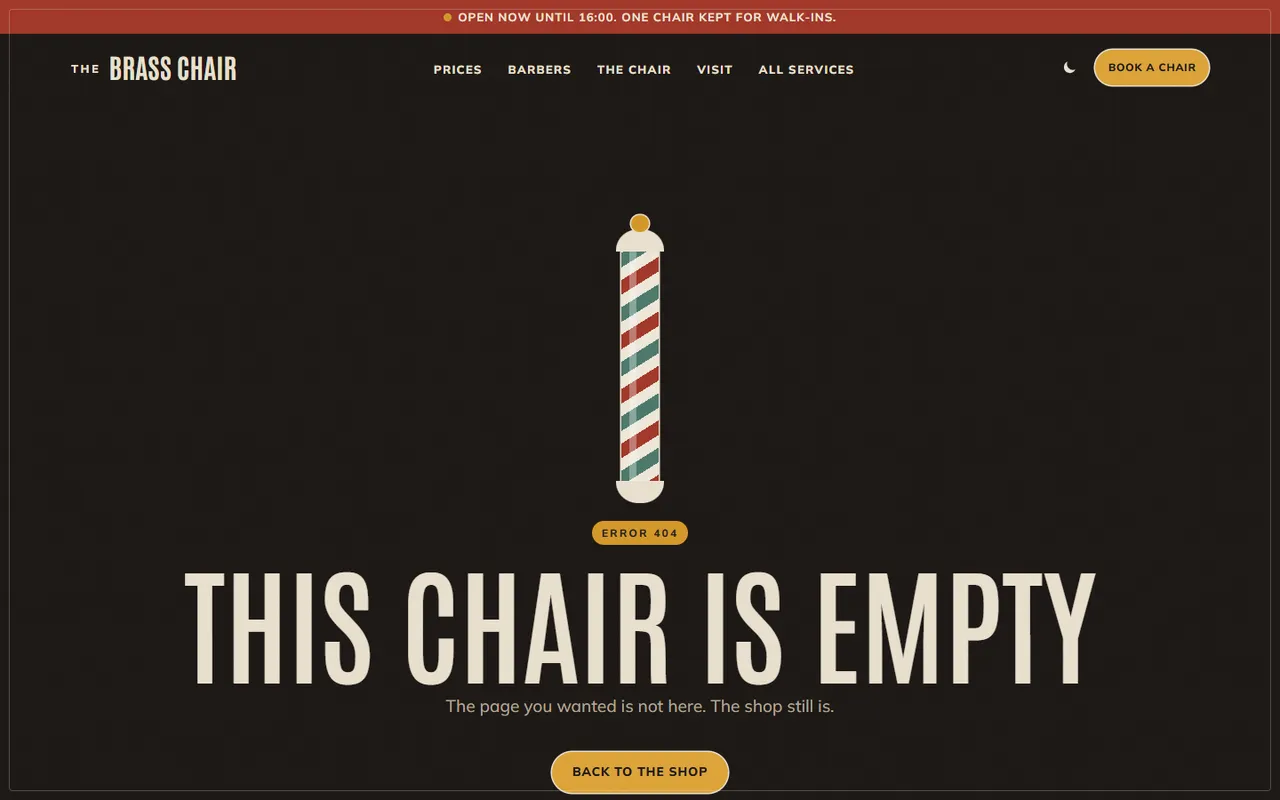 The Brass Chair: 404 page, dark theme