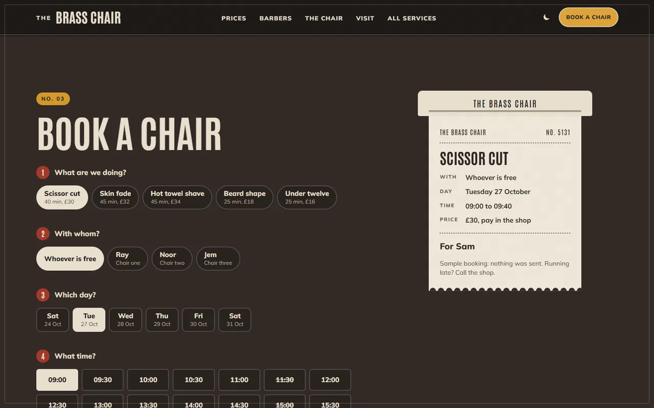 The Brass Chair: book page, dark theme