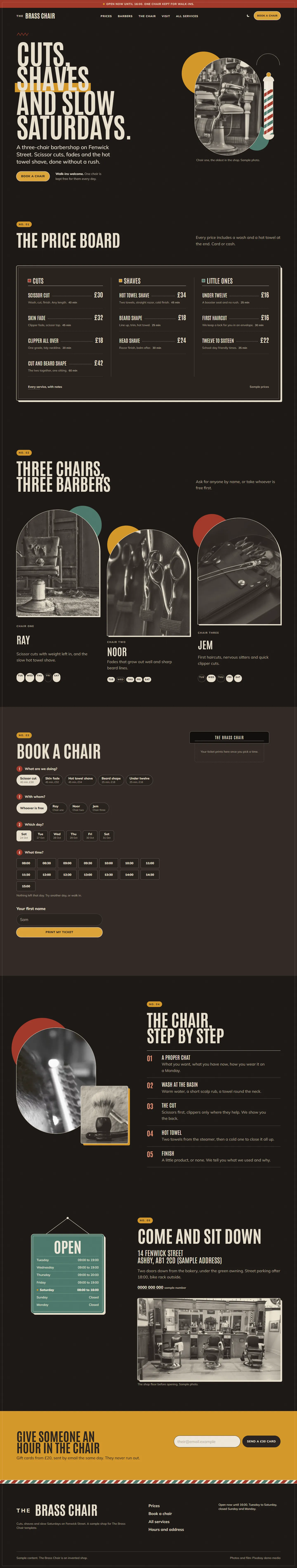 The Brass Chair home page, dark theme, at 1440 pixels wide