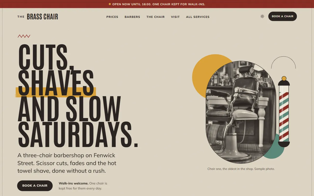 The Brass Chair home page, light theme