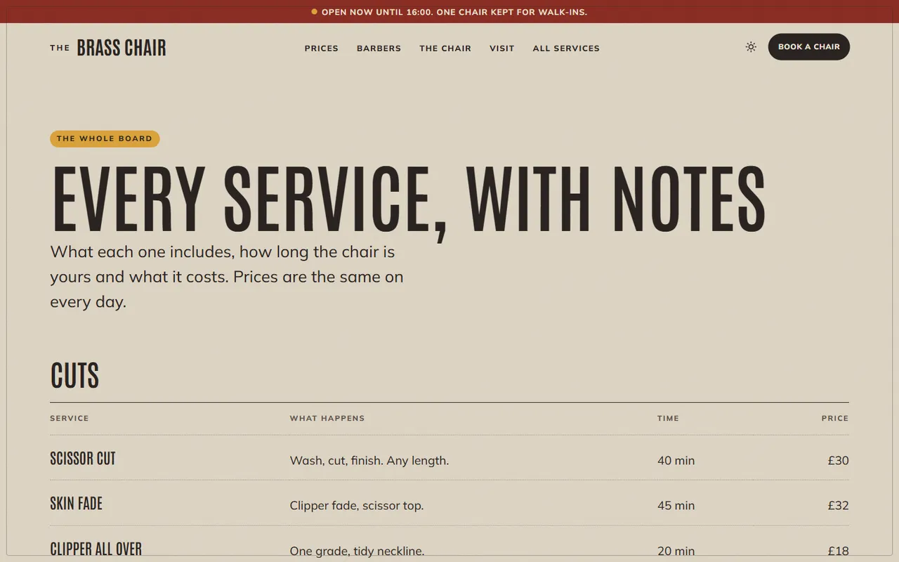 The Brass Chair: services page