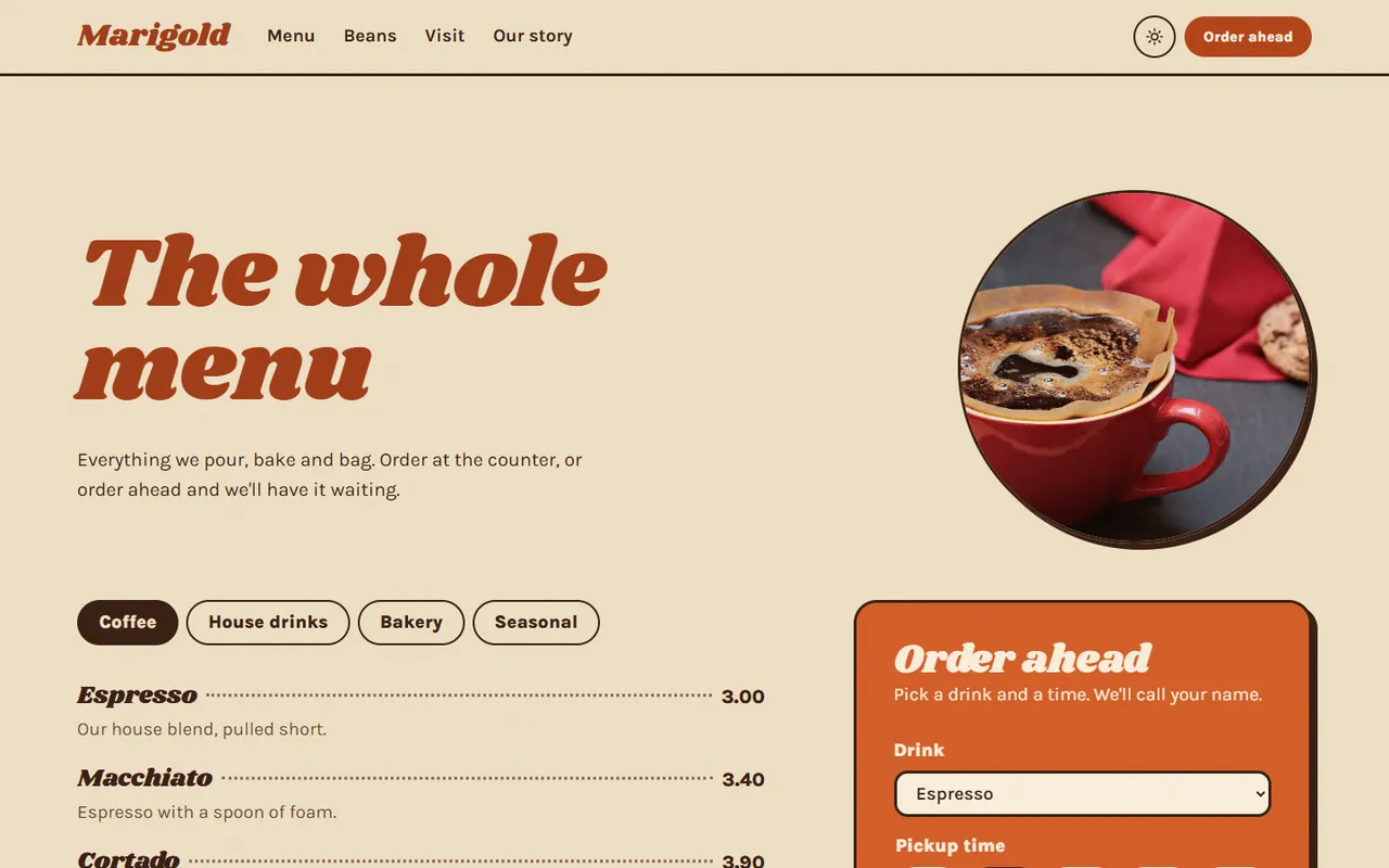 Marigold: menu page