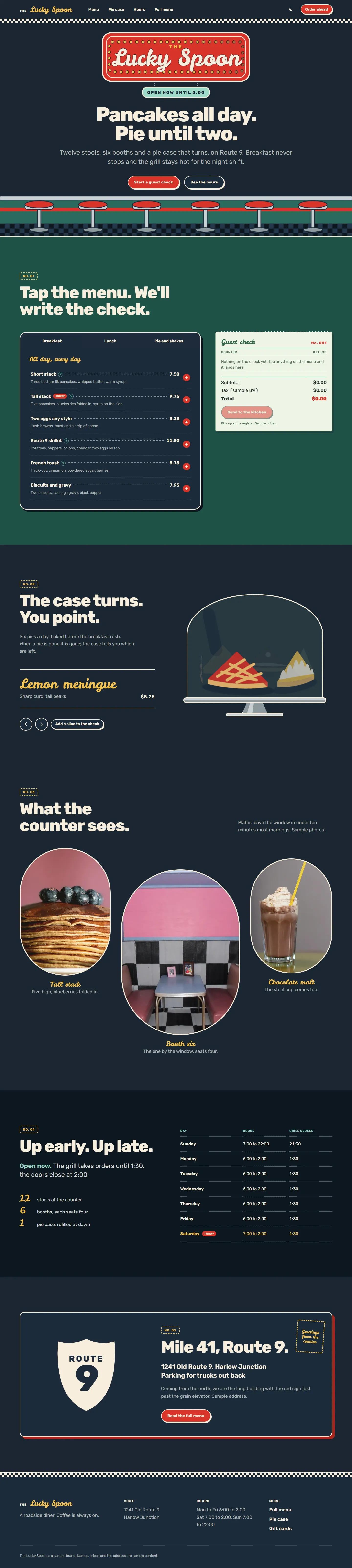 The Lucky Spoon home page, dark theme, at 1440 pixels wide