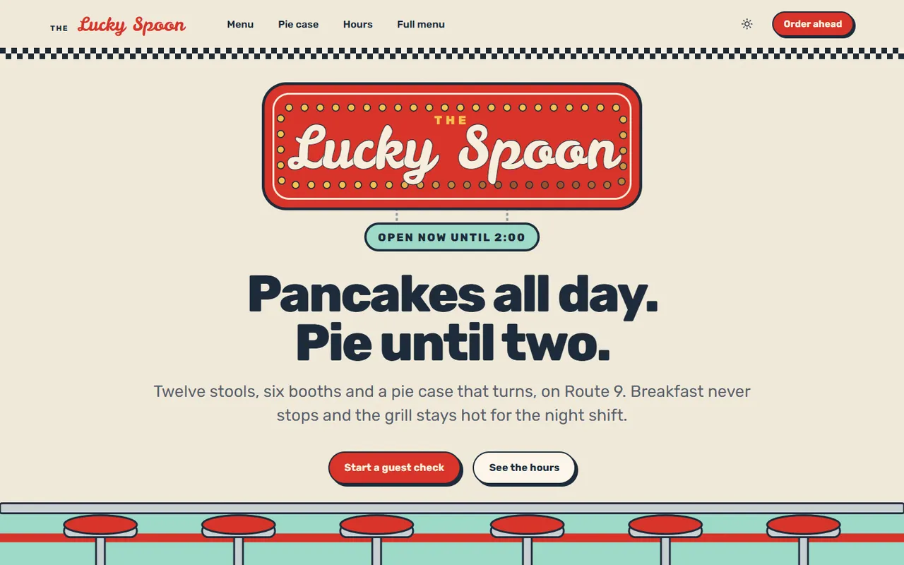 The Lucky Spoon home page, light theme