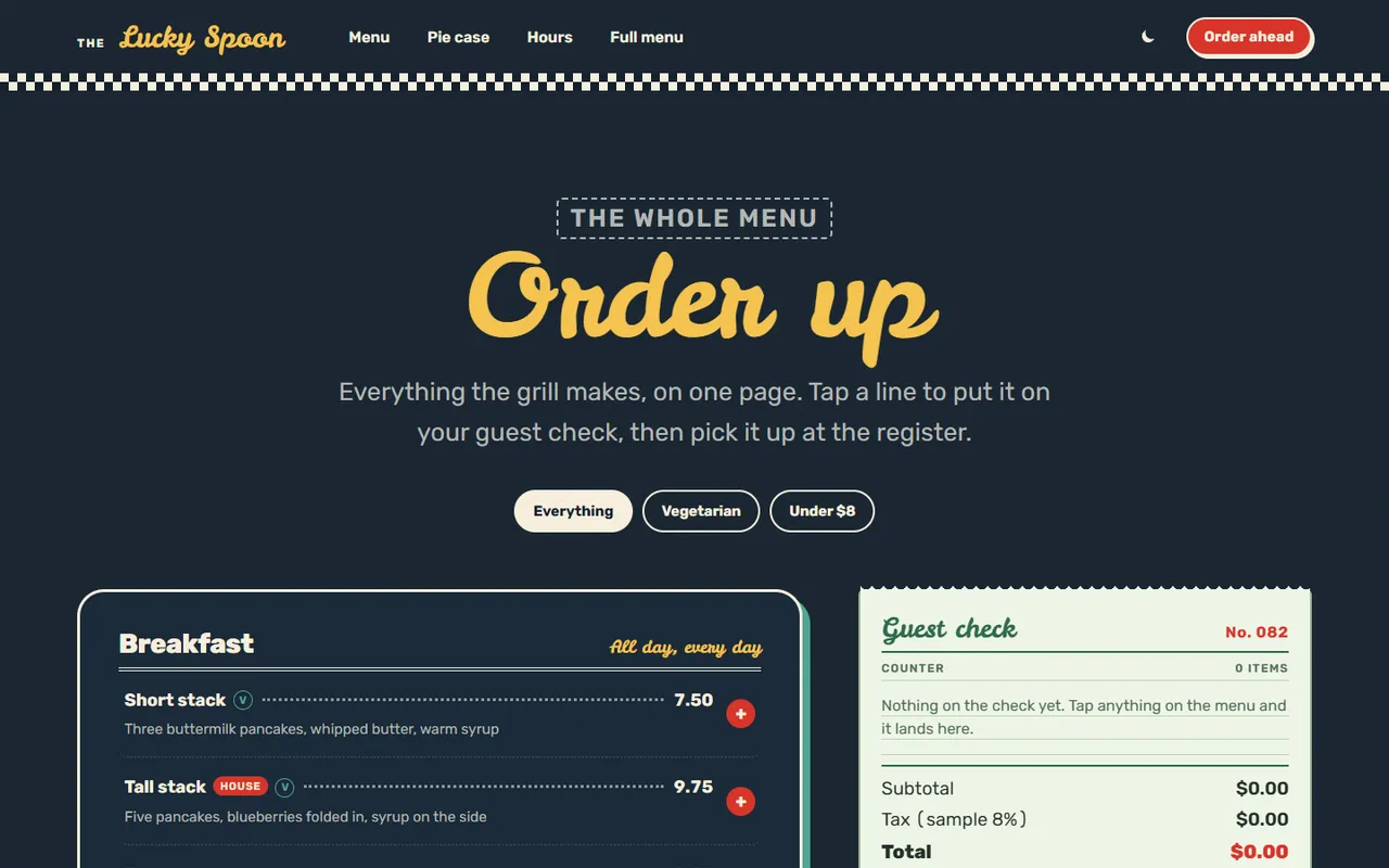 The Lucky Spoon: menu page, dark theme