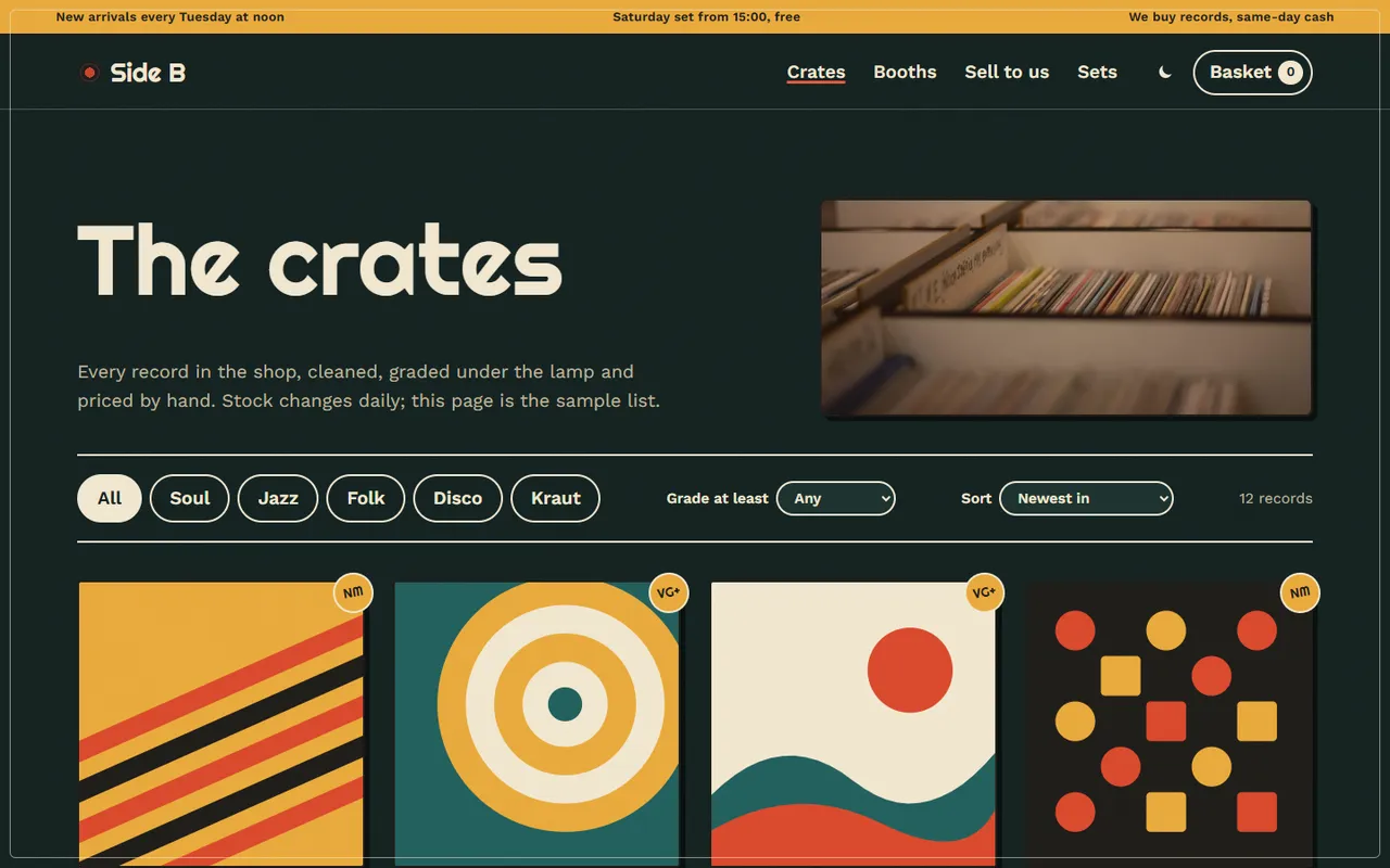 Side B: crates page, dark theme