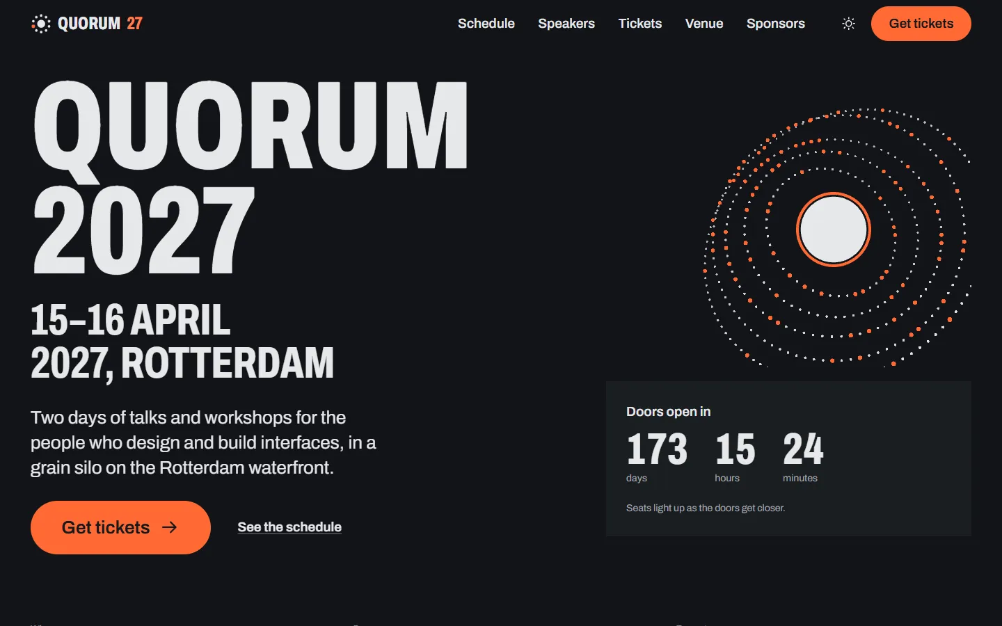 Quorum home page, dark theme, at 1440 pixels wide