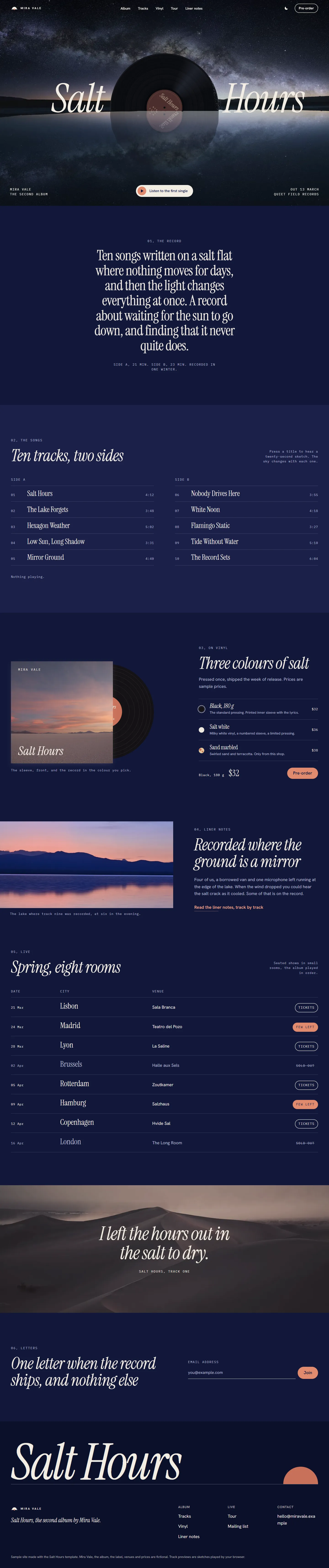 Salt Hours home page, dark theme, at 1440 pixels wide