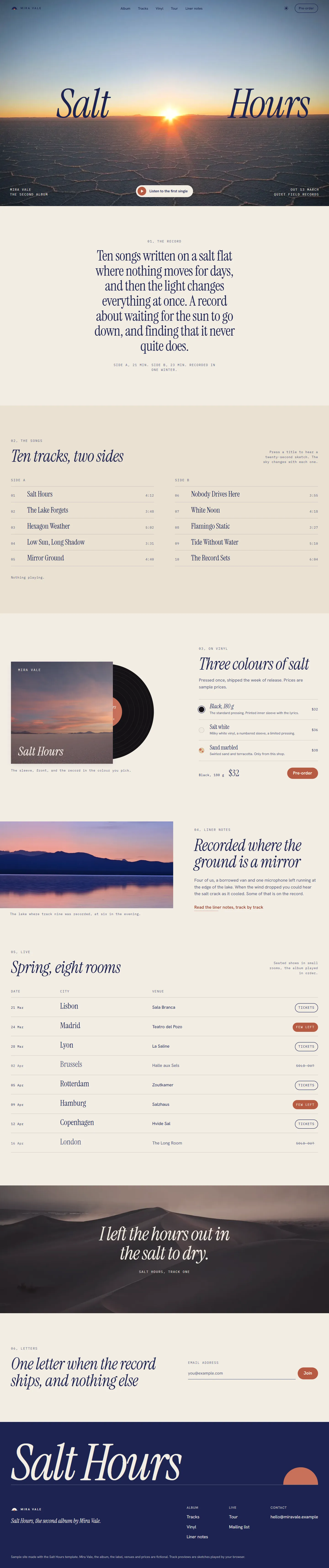 Salt Hours home page, light theme, at 1440 pixels wide