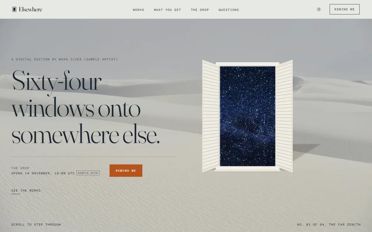 Elsewhere home page, light theme