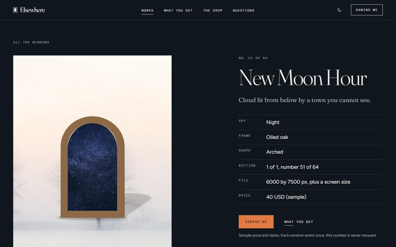 Elsewhere: piece page, dark theme