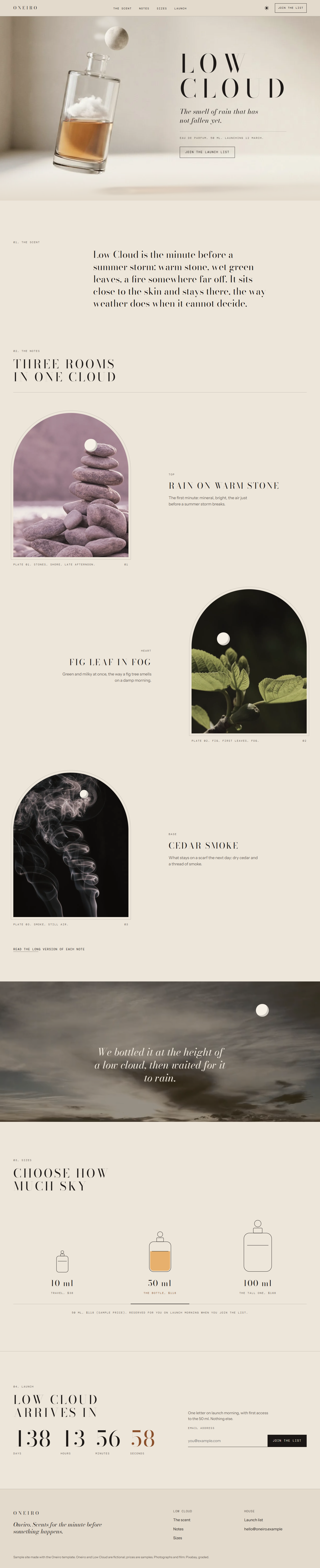 Oneiro home page, light theme