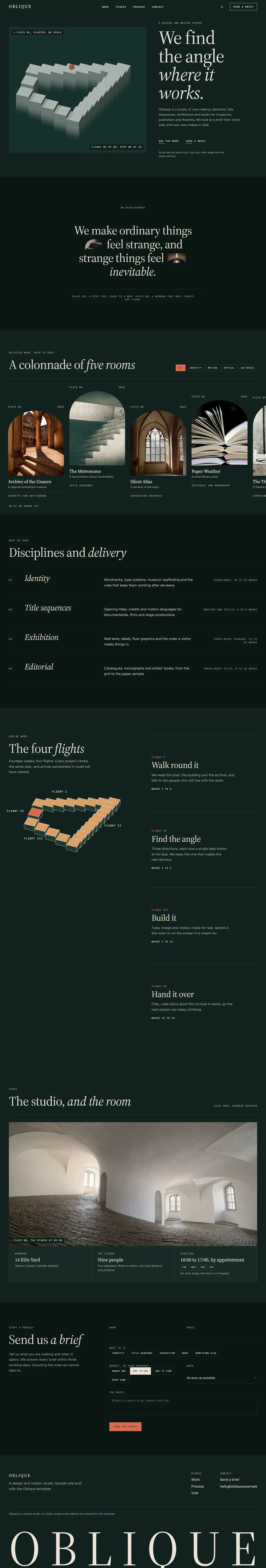 Oblique home page, dark theme, at 1440 pixels wide