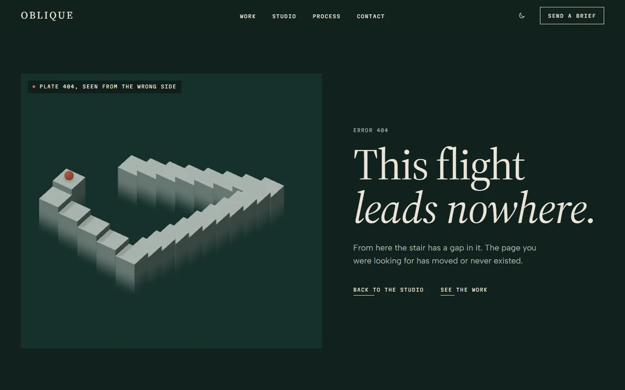 Oblique: 404 page, dark theme