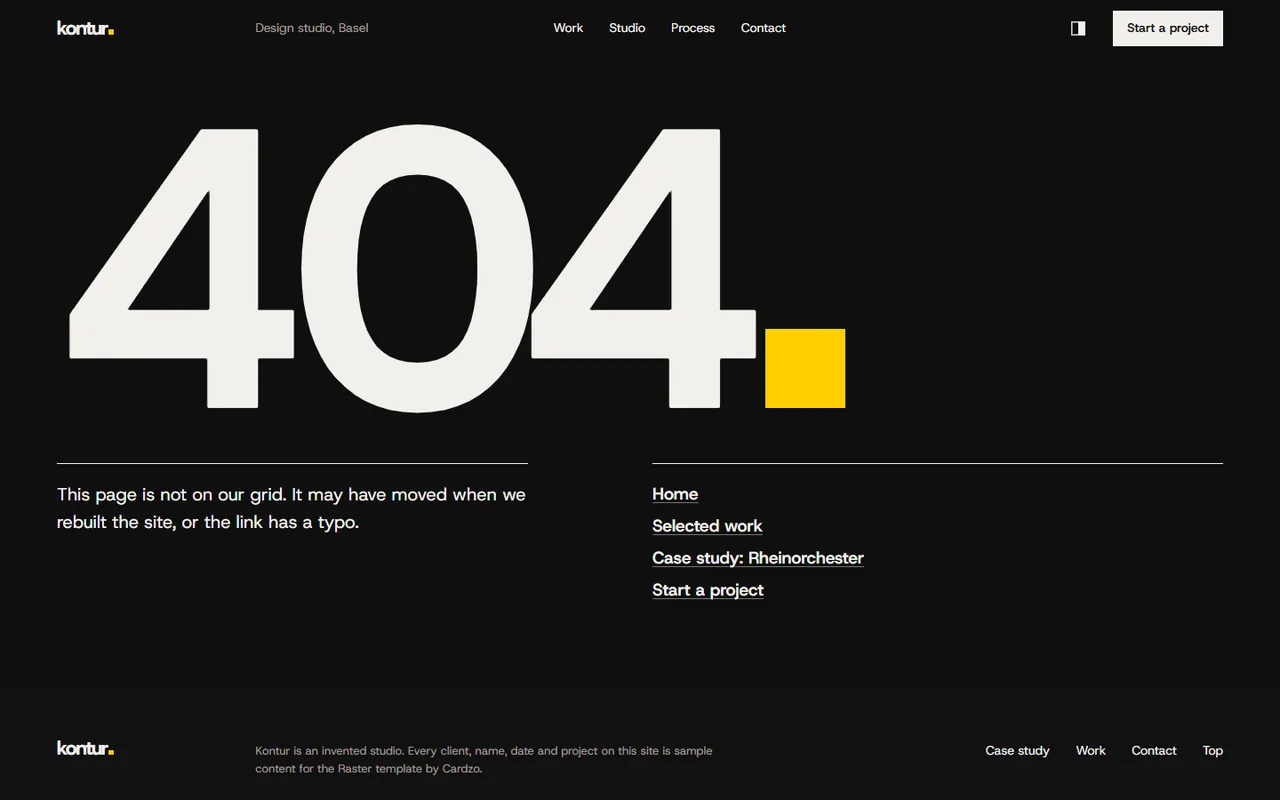 Raster: 404 page, dark theme