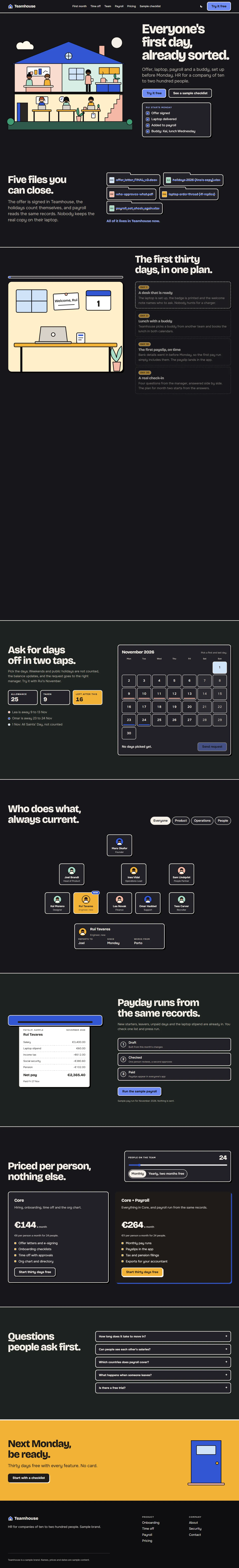 Teamhouse home page, dark theme, at 1440 pixels wide