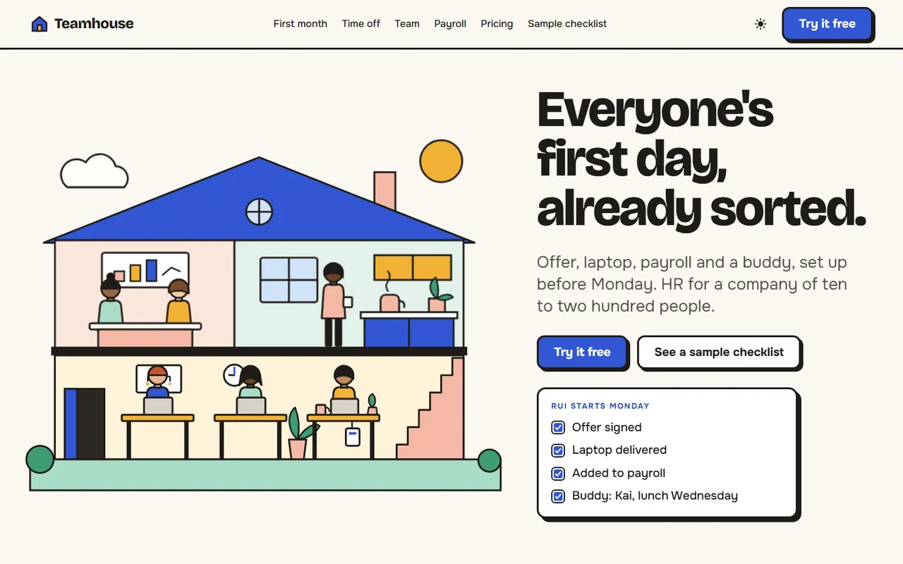 Teamhouse home page, light theme