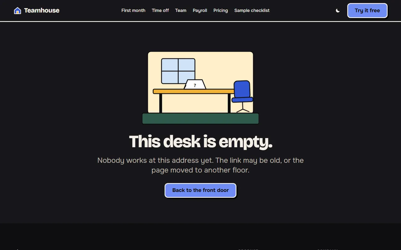Teamhouse: 404 page, dark theme