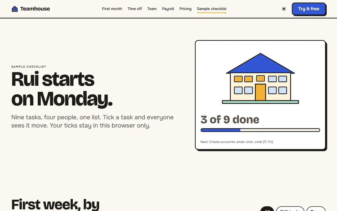 Teamhouse: onboarding page