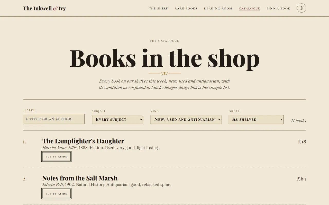 The Inkwell and Ivy: catalogue page