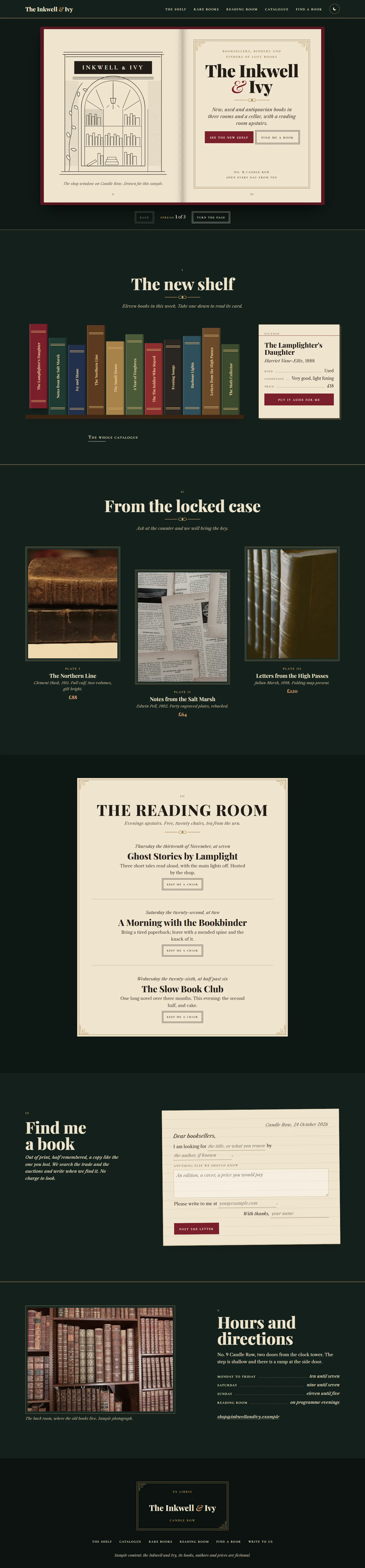 The Inkwell and Ivy home page, dark theme, at 1440 pixels wide